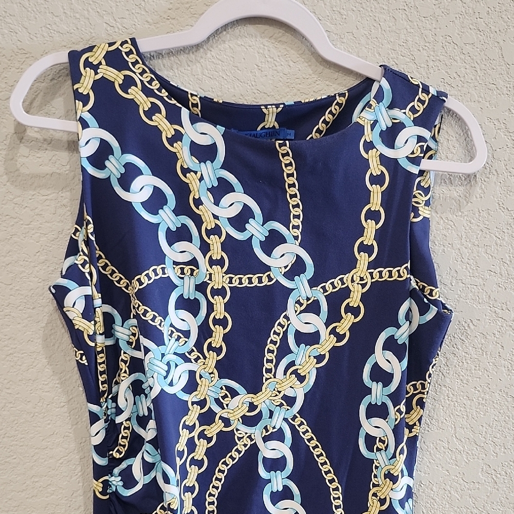 J. McLaughlin Sage Sleeveless Chain Print Midi Dress Navy Blue Gold Designer Lux - Picture 5 of 11
